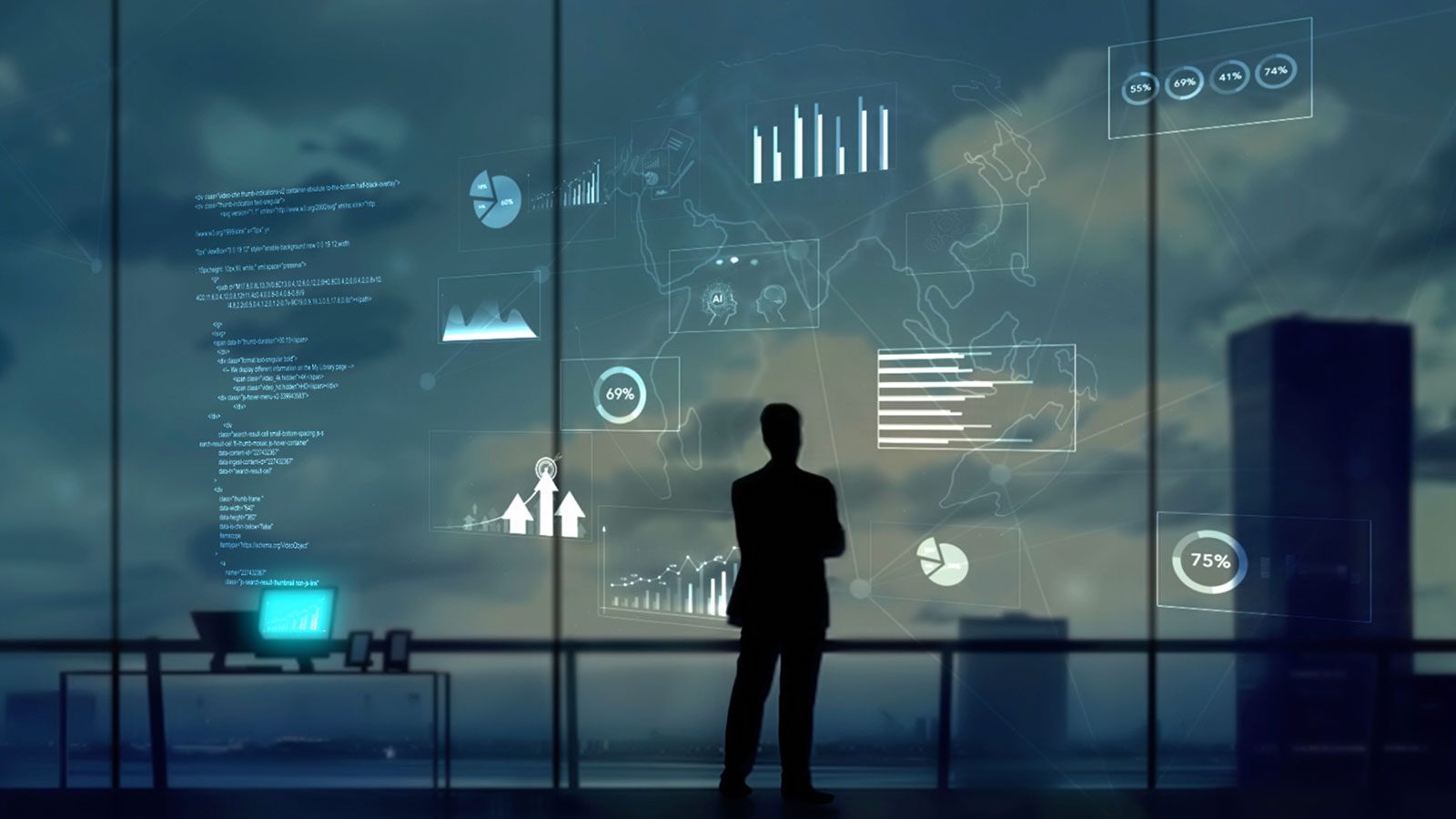 An operator reviewing a wall of live monitoring dashboards