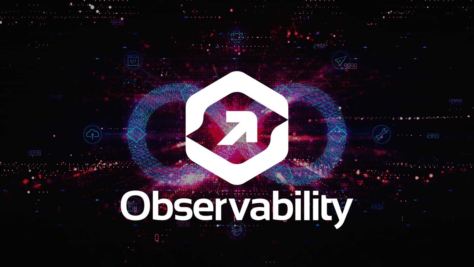 The Observability mark over a city and network backdrop